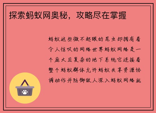 探索蚂蚁网奥秘，攻略尽在掌握