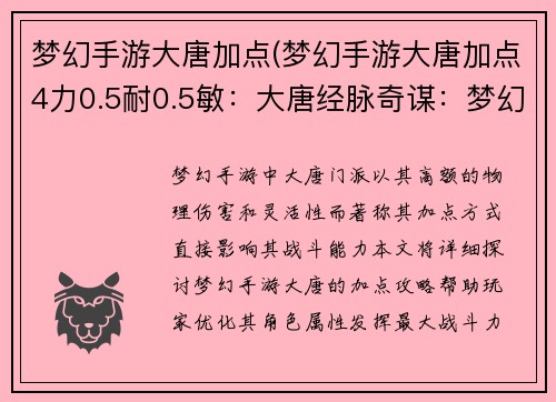 梦幻手游大唐加点(梦幻手游大唐加点4力0.5耐0.5敏：大唐经脉奇谋：梦幻手游加点攻略秘籍)